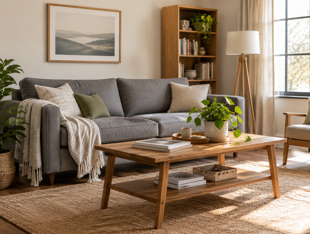 Salón con sofá gris y mesa de centro de madera