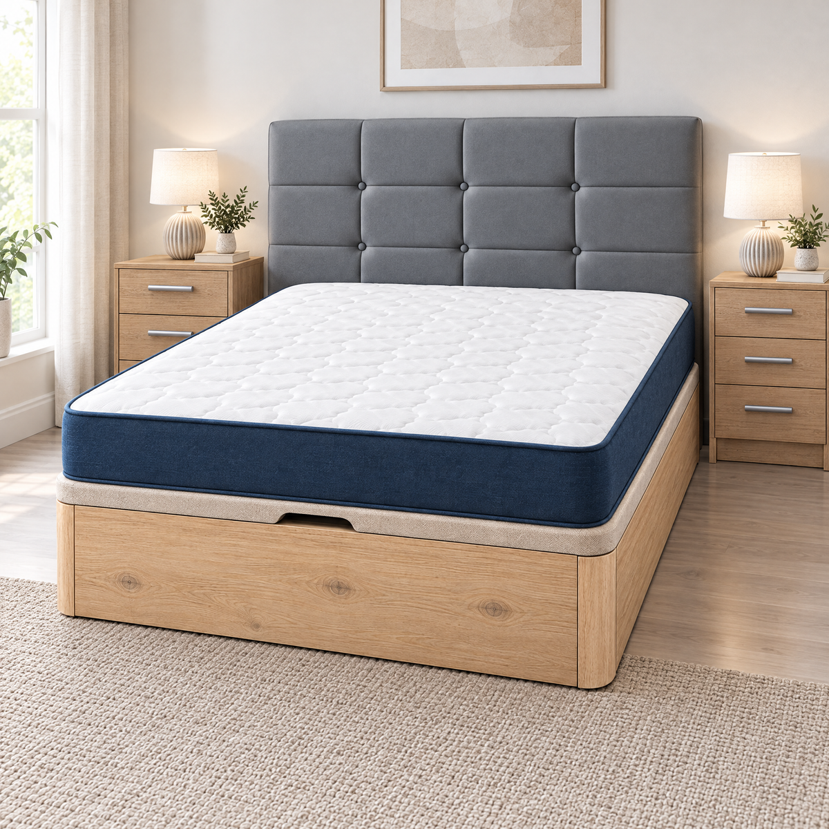 Pack dormitorio completo: canapé con colchón White, 2 mesitas y cabecero