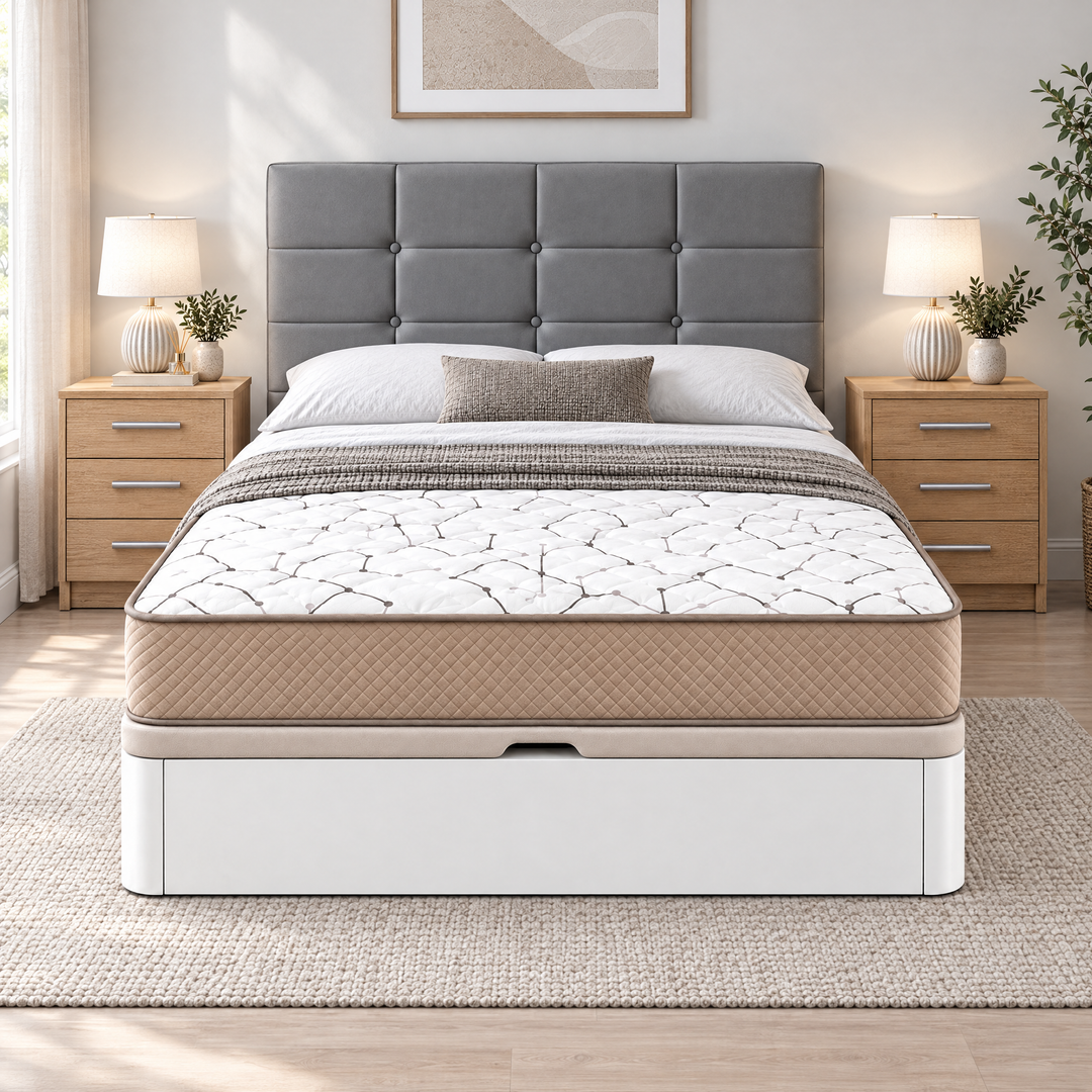 Pack dormitorio completo: canapé con colchón viscografeno 25 cm, 2 mesitas y cabecero