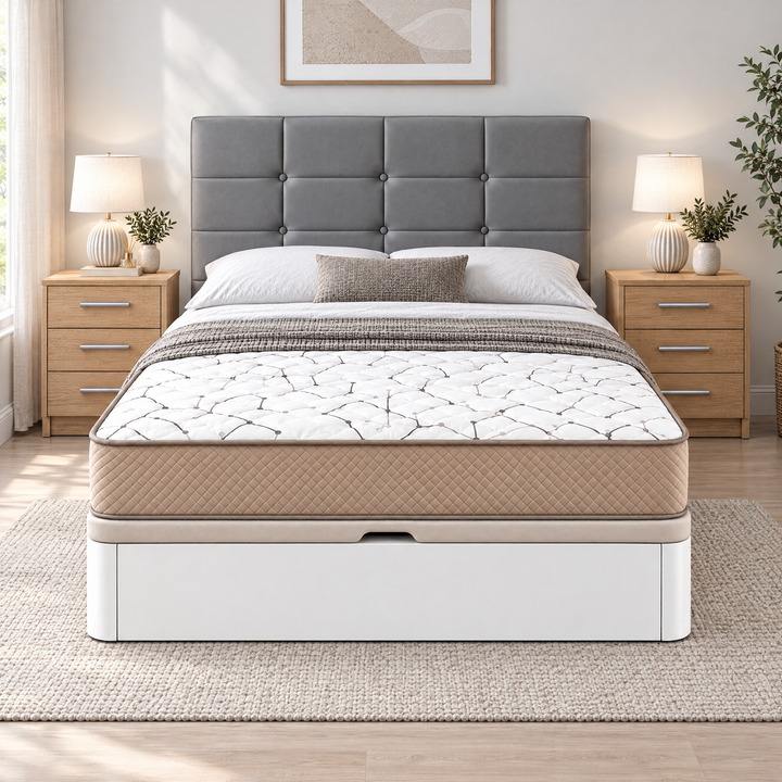 Pack dormitorio completo: canapé con colchón viscografeno 25 cm, 2 mesitas y cabecero
