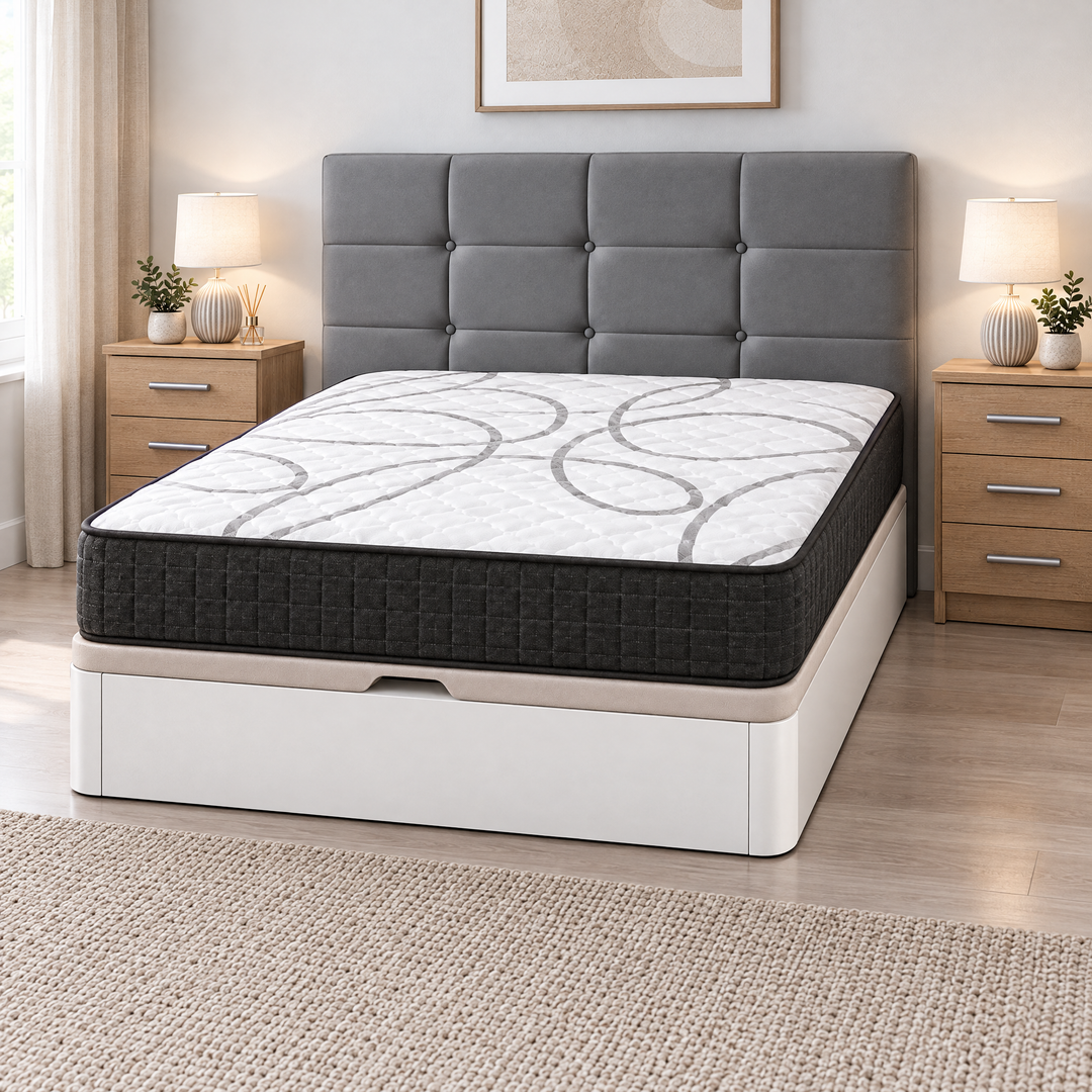Pack dormitorio completo: canapé con colchón grafeno 28-30 cm, 2 mesitas y cabecero