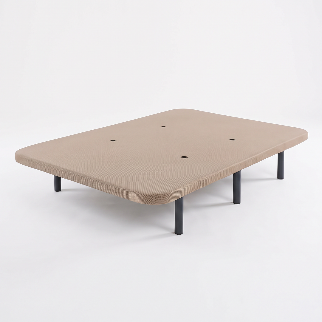 Base tapizada beige con 6 patas metálicas y válvulas de ventilación